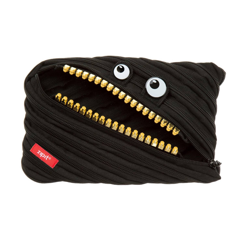 Black ZIPIT pencil case pouch with triple zippers, gold zipper teeth, and eye patches