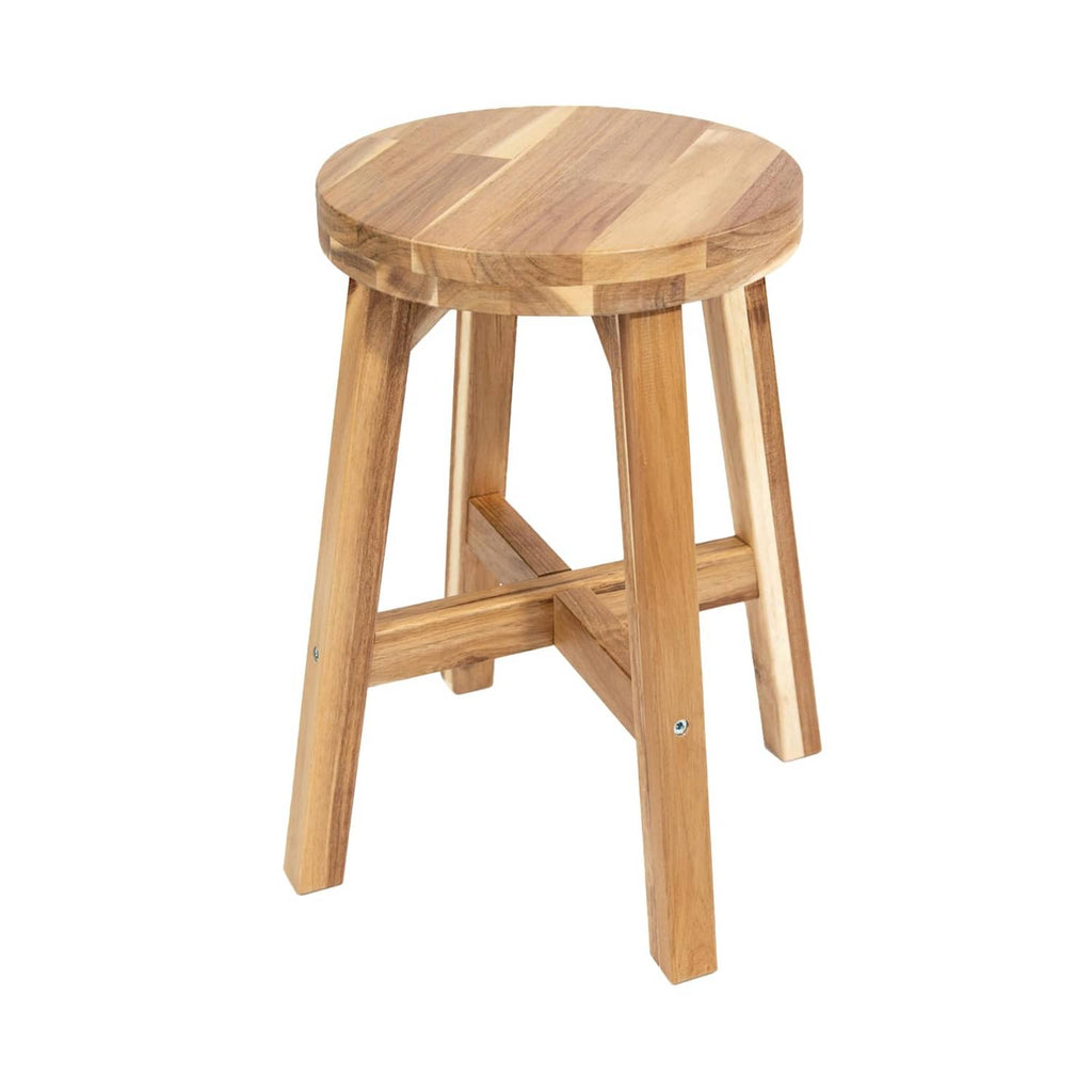 Natural acacia wood round stool with cross-braced legs and smooth top