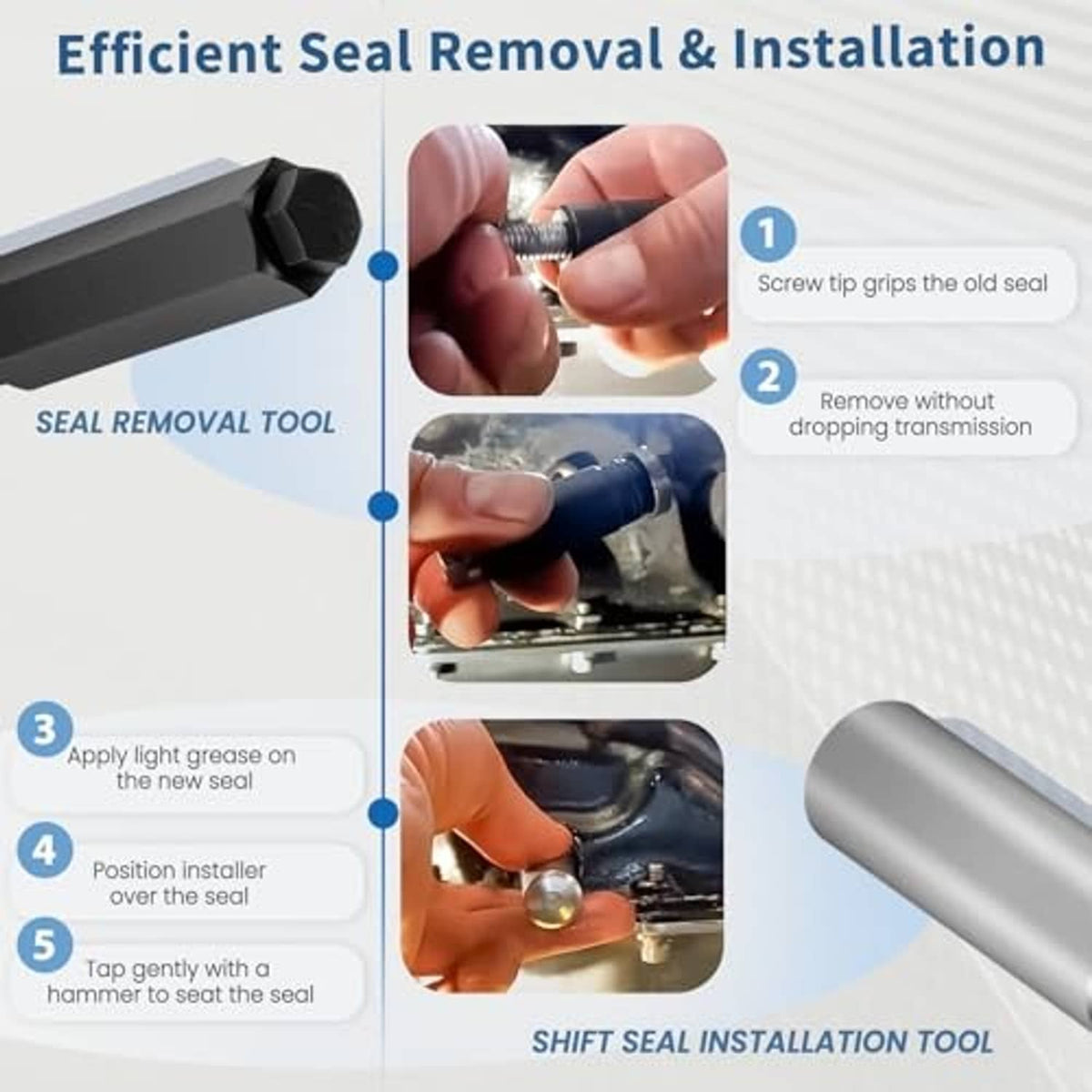 Transmission shift seal installation tool kit with black removal tool and steel installer