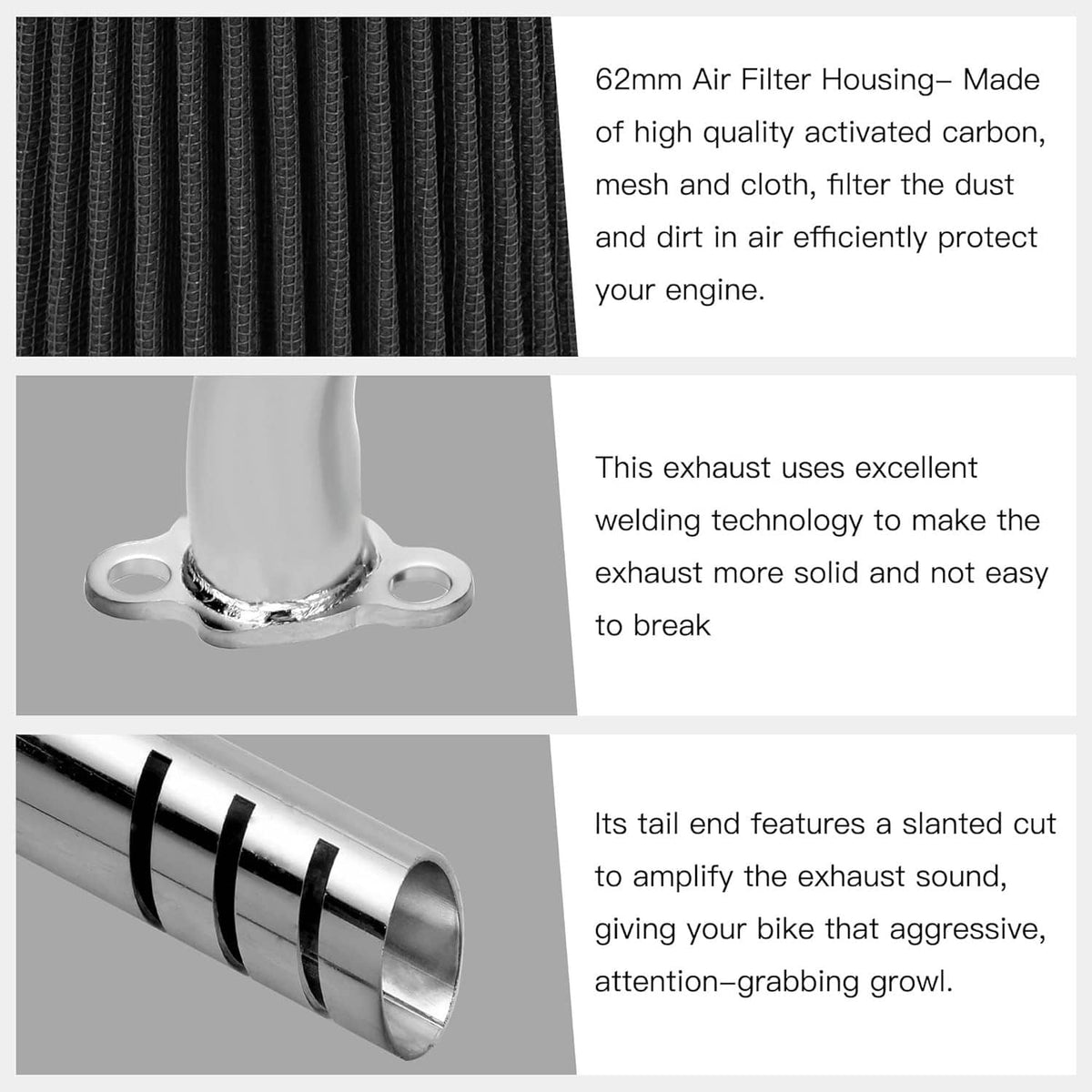 Air filter and chrome exhaust sections with close-up weld and slanted end detail