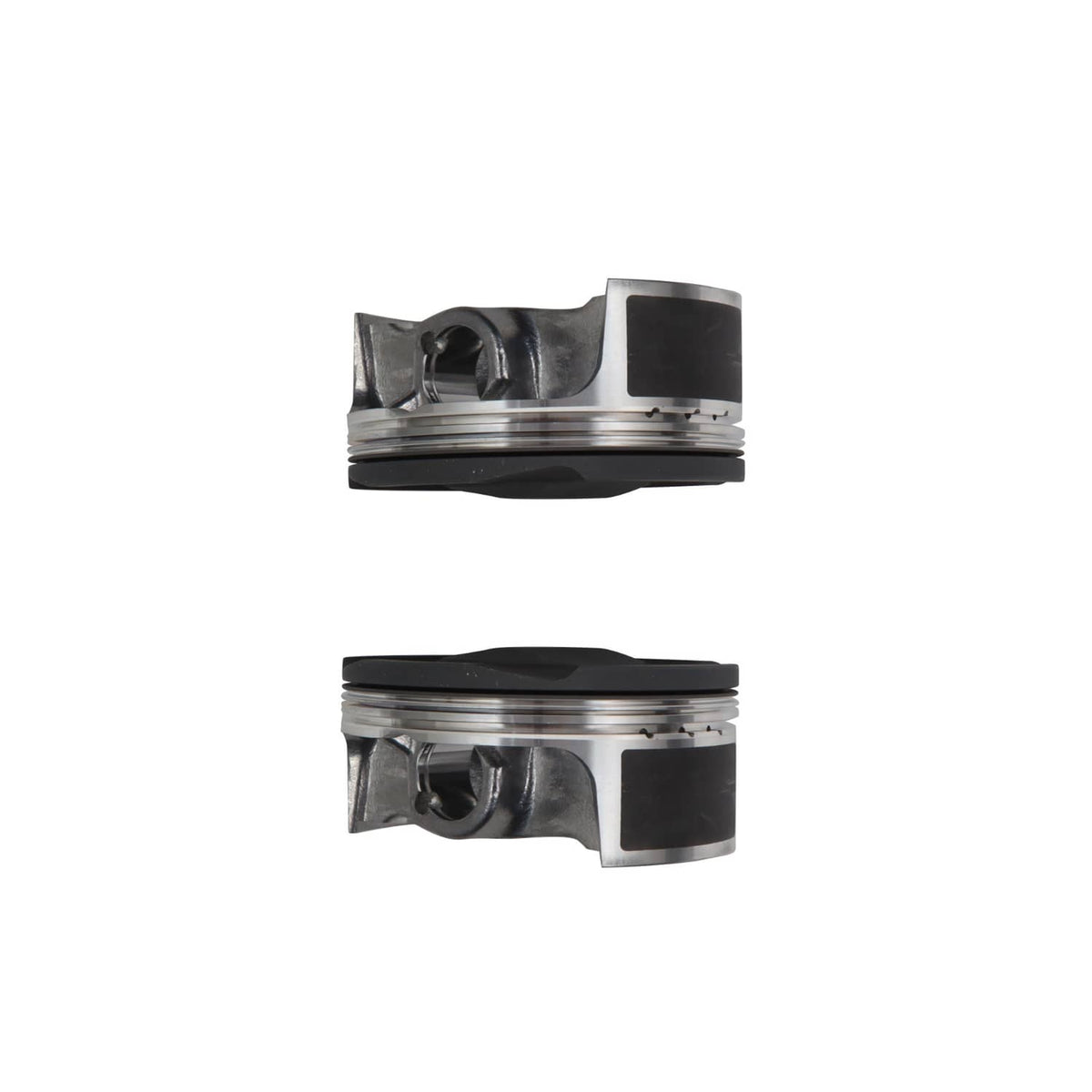 Pair of aluminum pistons with black crown markings and piston pin openings