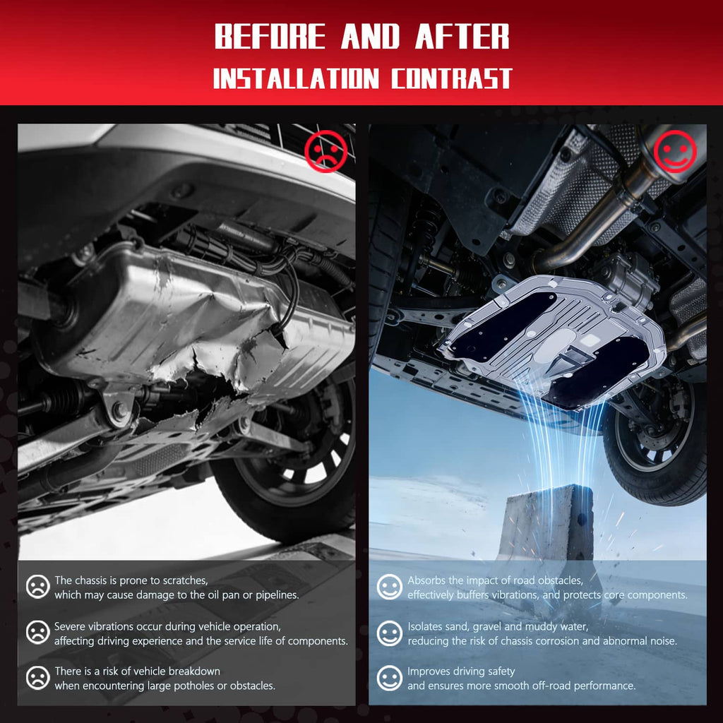 Engine splash guard underbody shield shown before and after installation