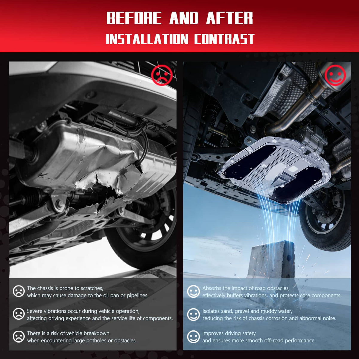 Engine splash guard underbody shield shown before and after installation