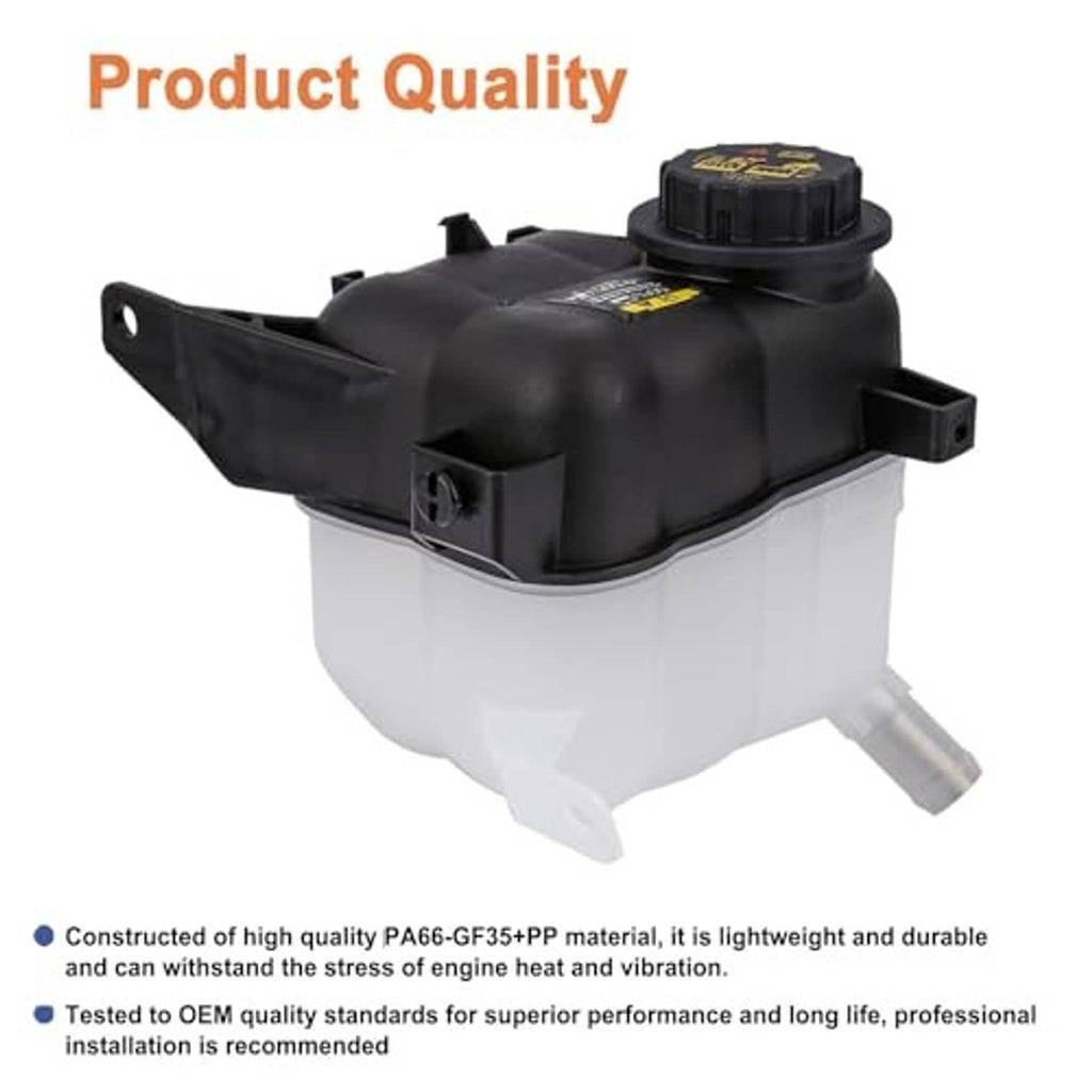 Engine coolant expansion tank with black cap, black housing, and white reservoir with outlet
