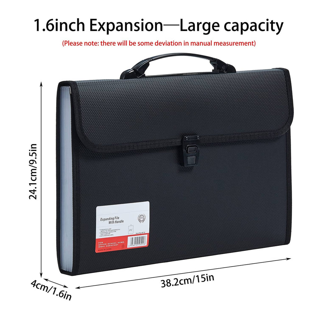 Black legal-size expanding file folder with handle, front buckle, and slim side panel