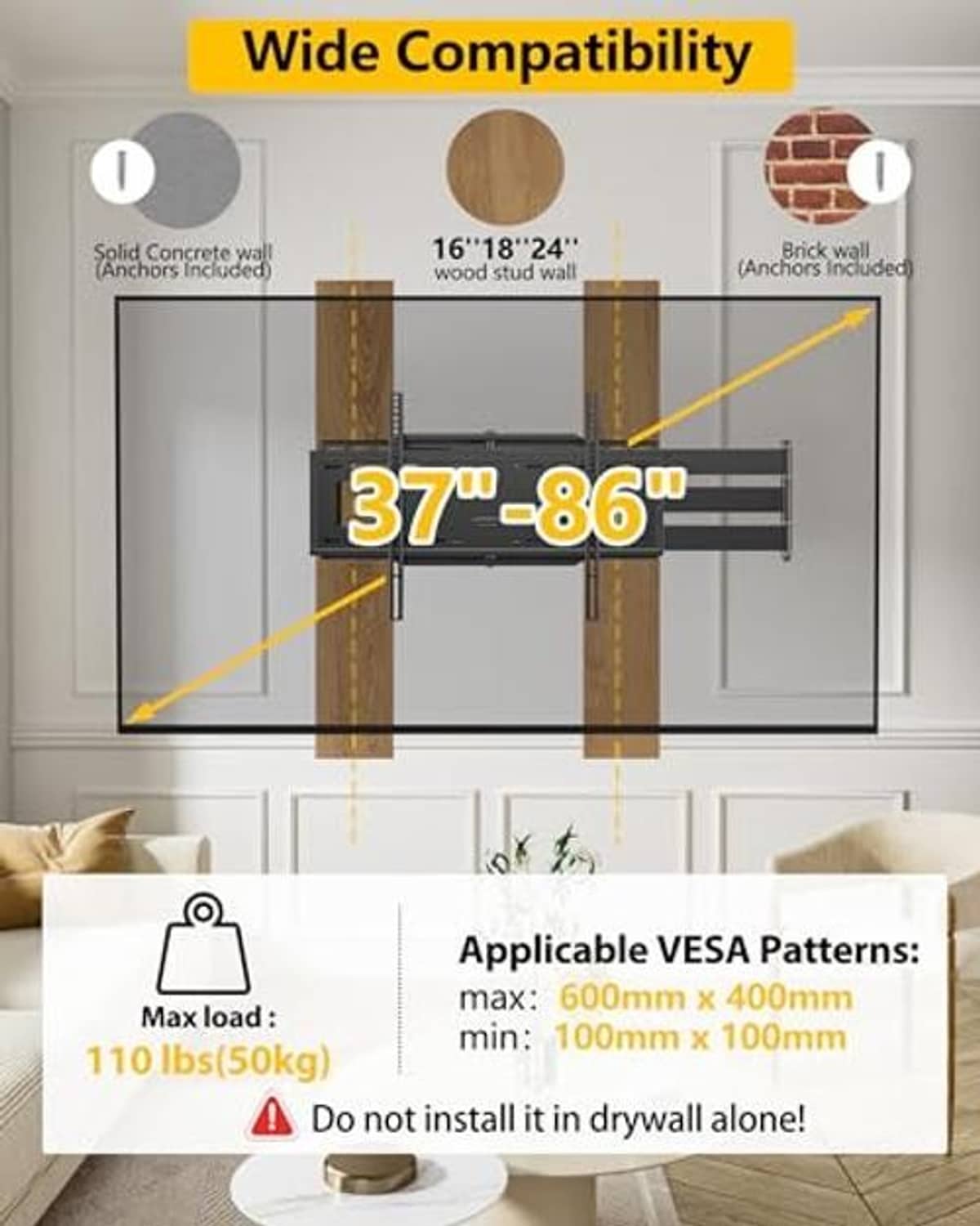 Full motion TV wall mount with compatibility size graphic and included hardware