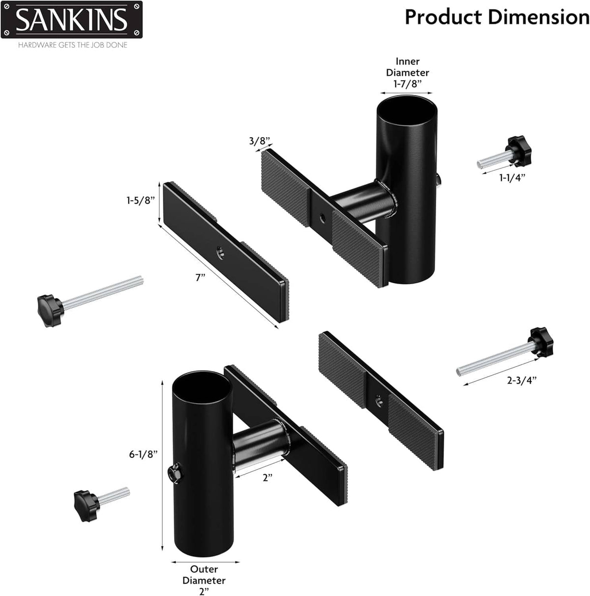 Black umbrella holder components with clamp bars and cylindrical pole mount.