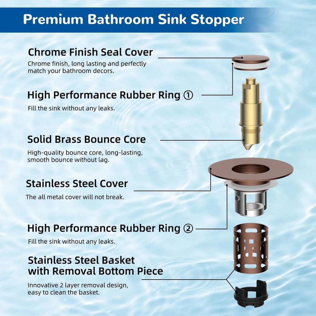 Rose gold pop-up sink stopper with rubber rings, brass core, and stainless basket