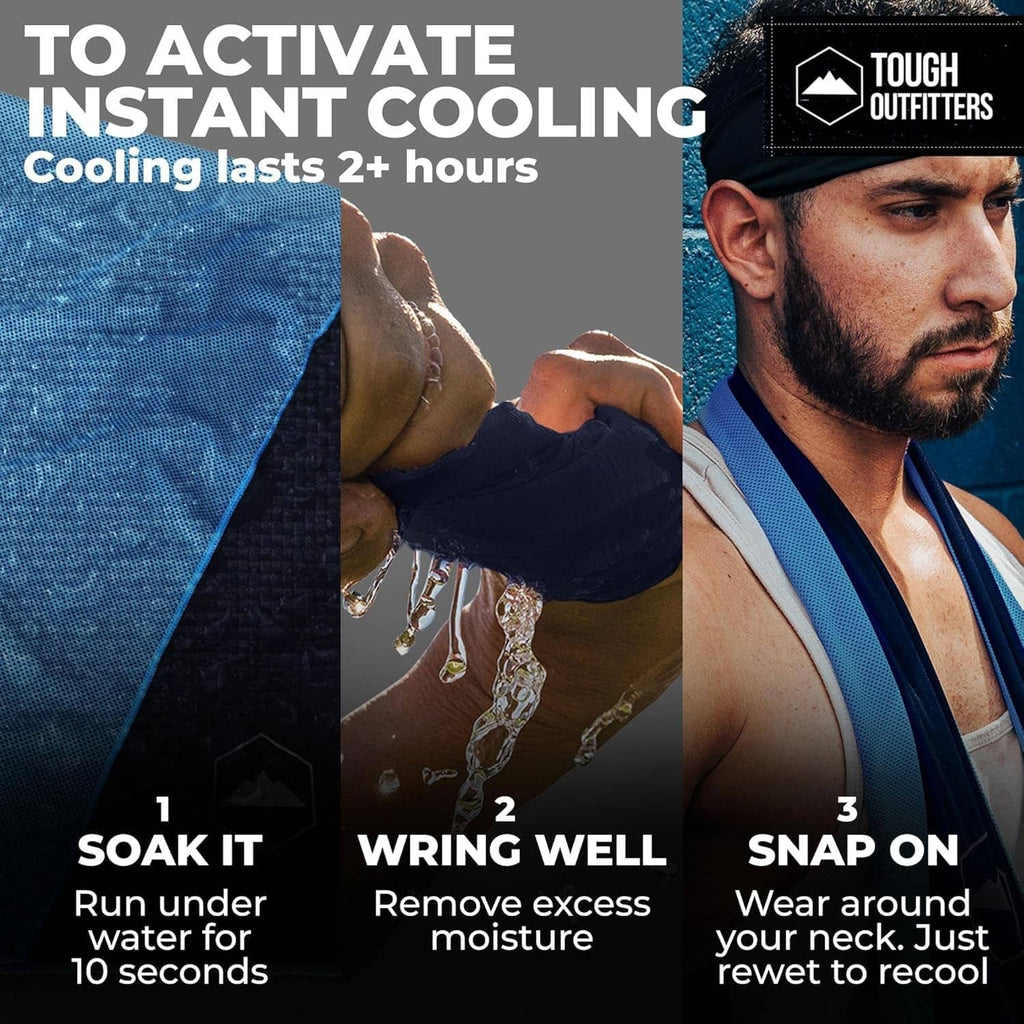 Blue cooling towel being wrung, with water dripping off the fabric