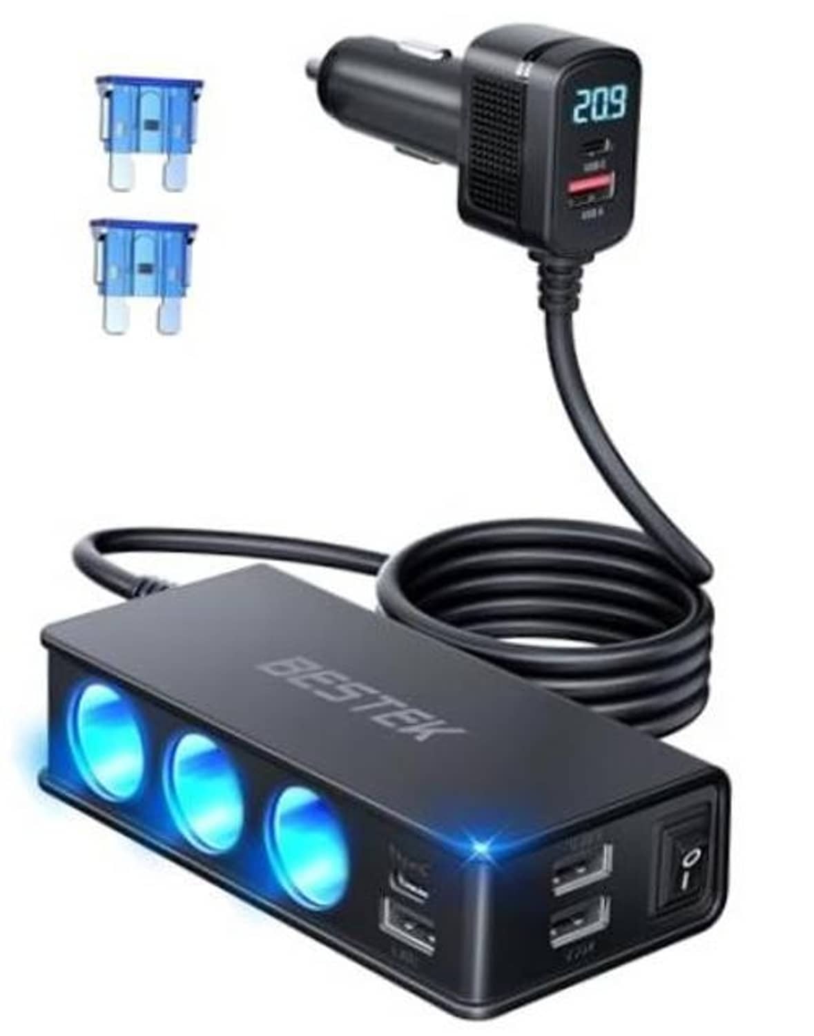 Black car cigarette lighter splitter with blue LED circles and multiple USB ports