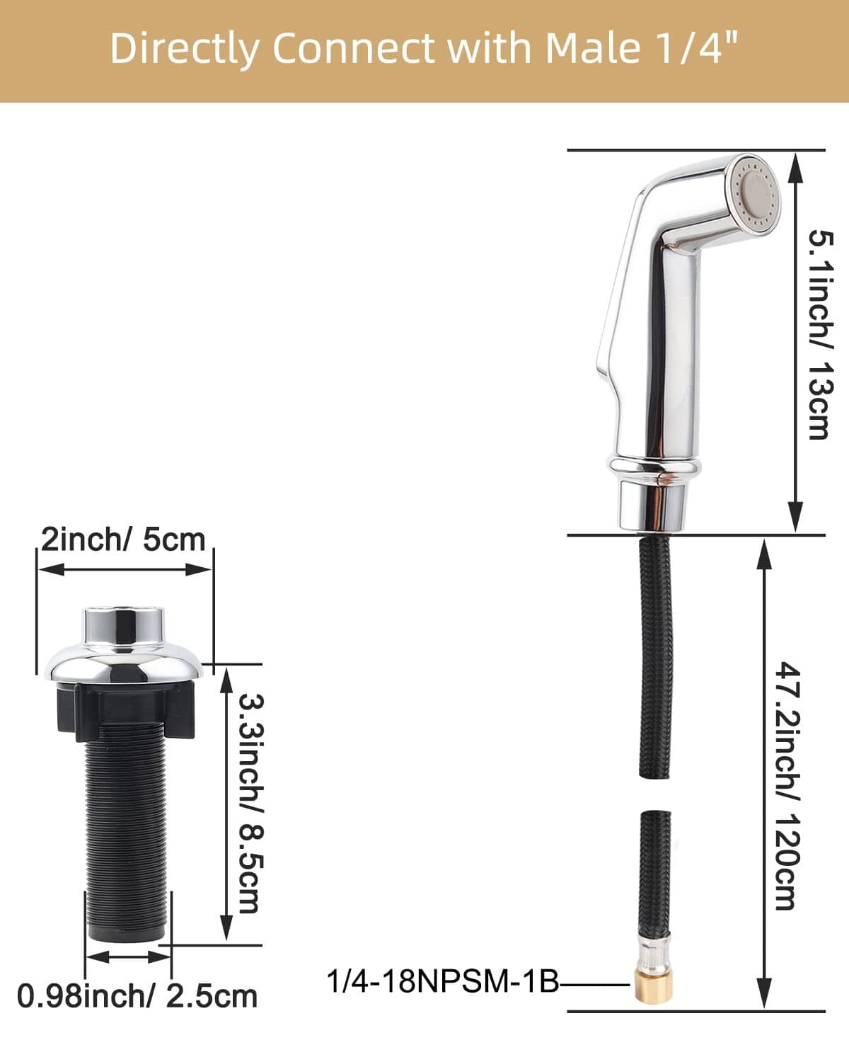 Chrome side sprayer with black hose and male 1/4in connection fitting