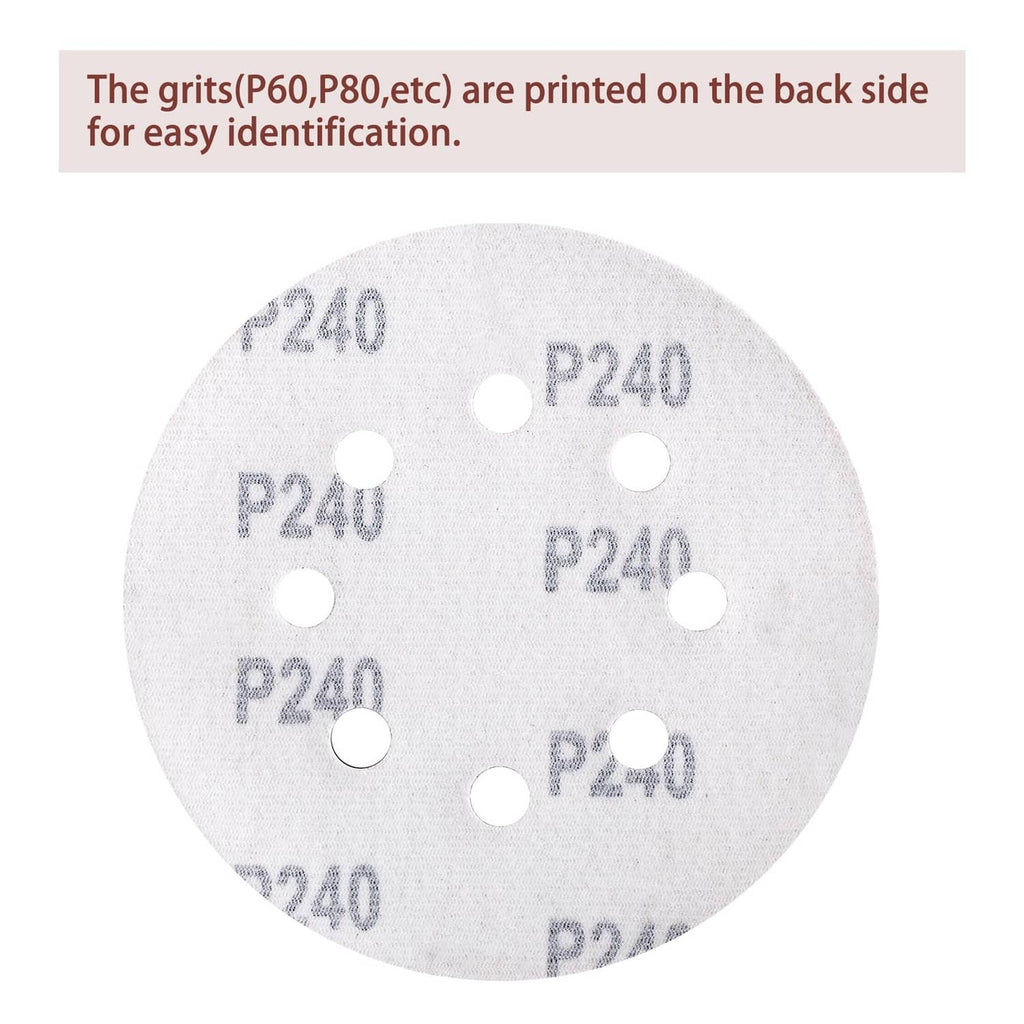 P240 sanding disc with multiple dust holes on white abrasive backing