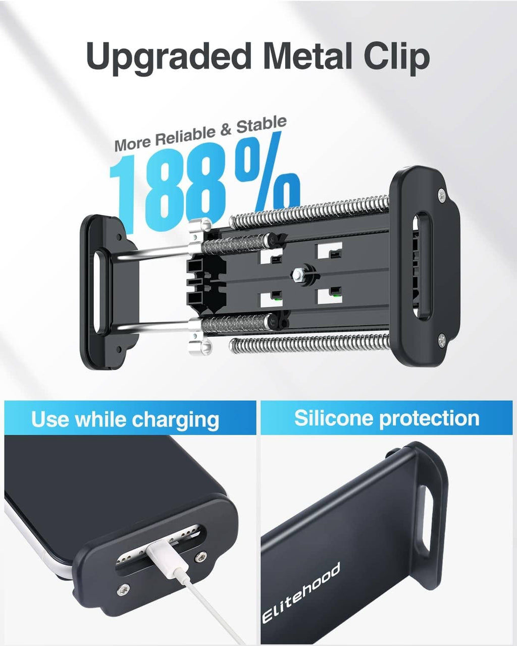 Metal clip tablet holder with silicone protection and spring-style clamp
