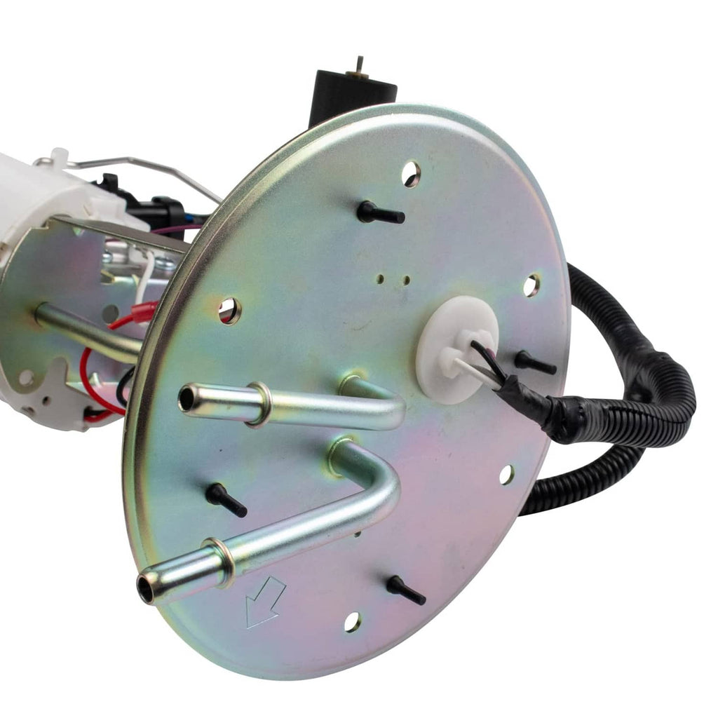 Fuel pump module sending unit with metal mounting plate and fuel level arm