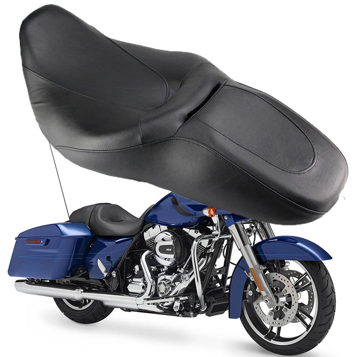 Black motorcycle seat with smooth leather-like finish, rounded front, and stitched center panel.