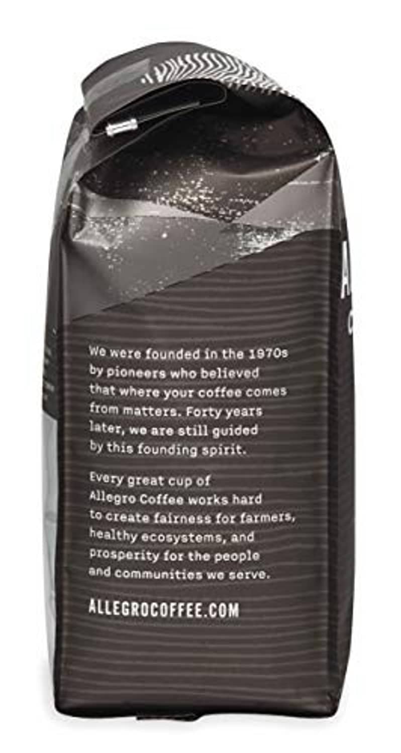 Allegro decaf organic espresso coffee bag with brand and story text on side