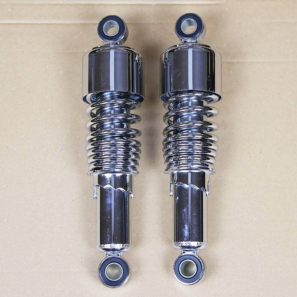 Chrome rear shock absorbers pair with blue mounting eyelets, coiled spring and reservoir