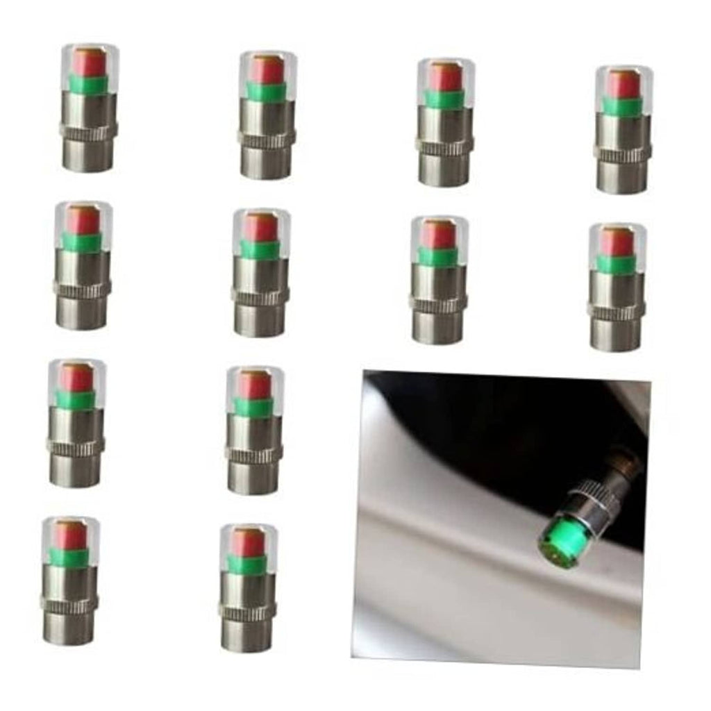 Set of silver tire valve stem caps with clear tops and green/amber/red indicator rings