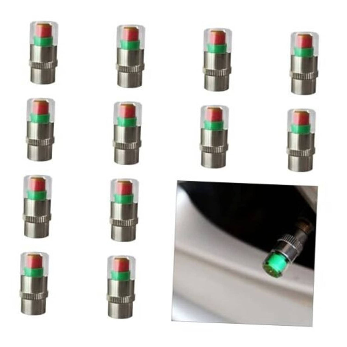 Set of silver tire valve stem caps with clear tops and green/amber/red indicator rings