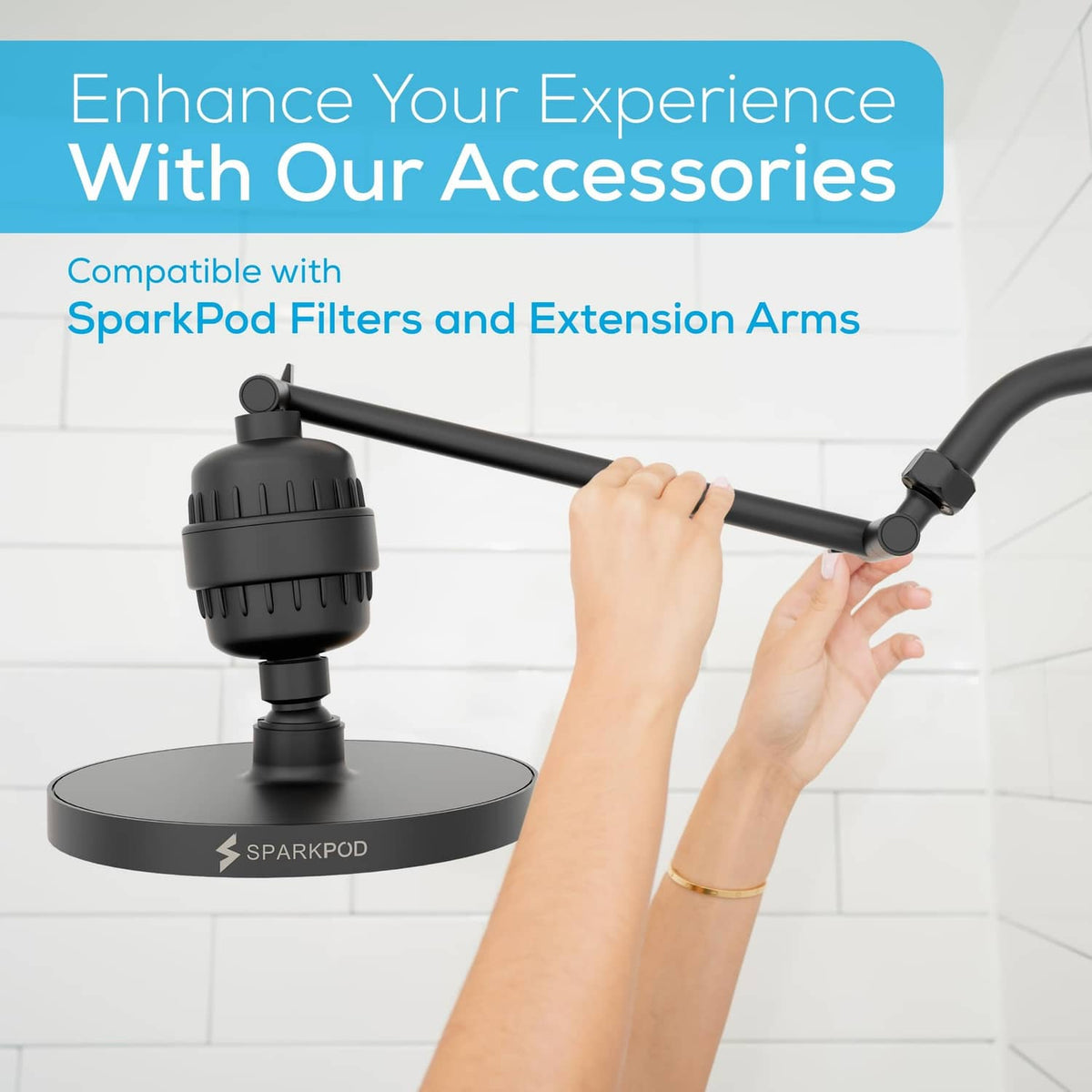 Rain shower head accessories showing a filter adapter and extension arm pieces.