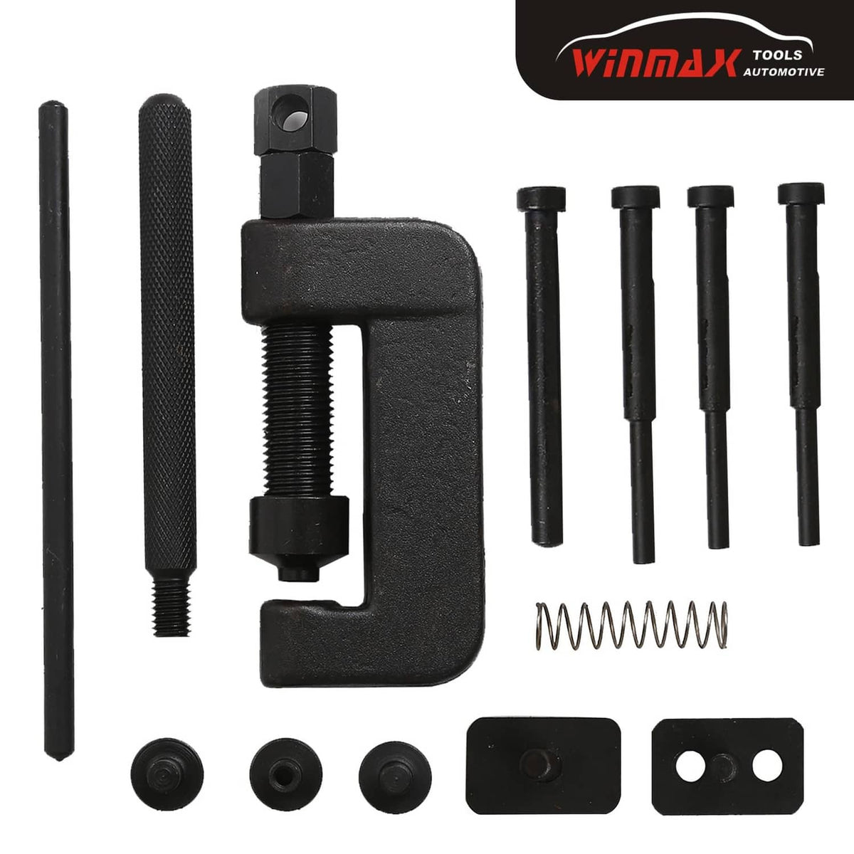Chain breaker riveter tool components: black press tool, pins, springs, and rods