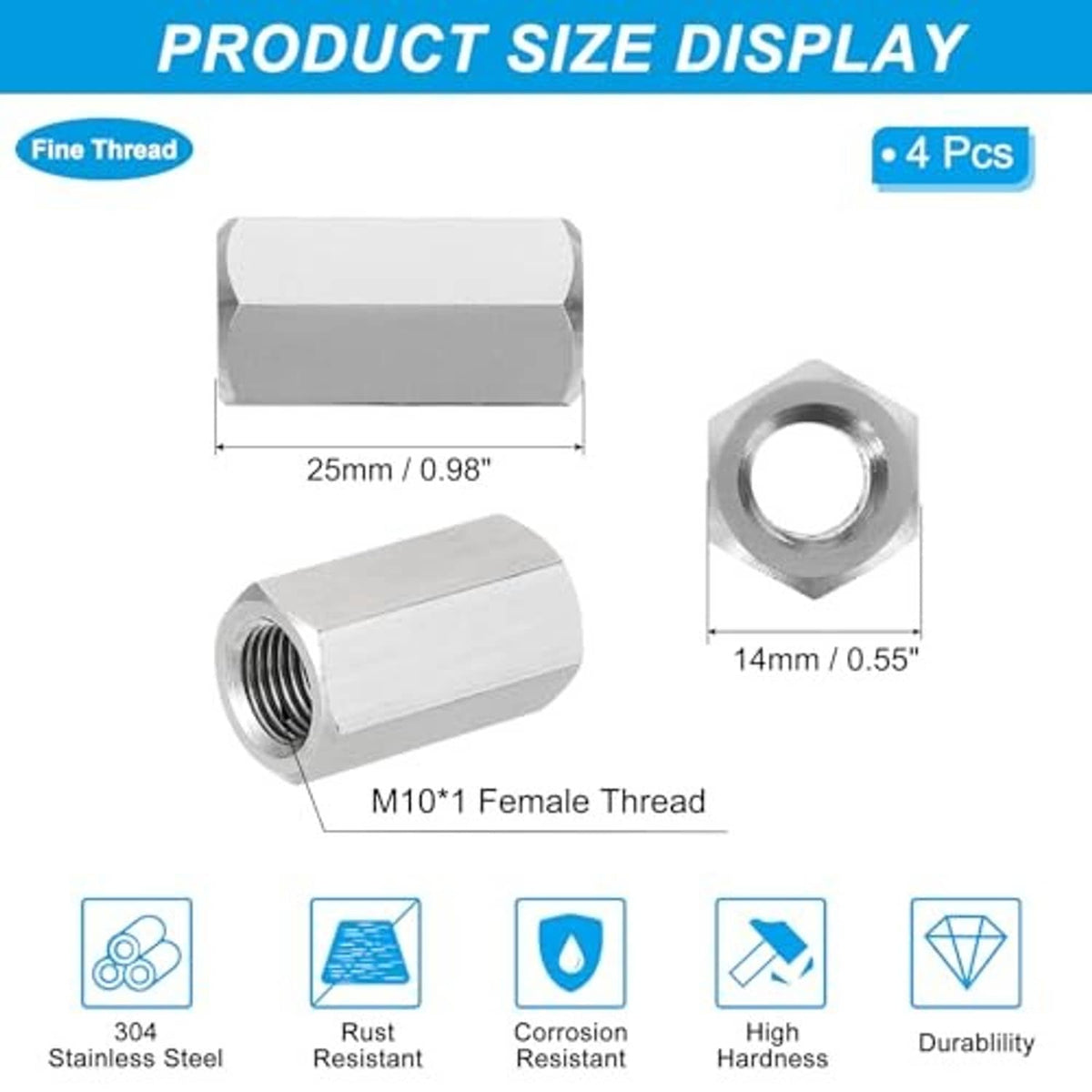 Stainless steel hex coupling nut with female threads, shown with size and thread details