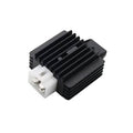 Black voltage rectifier regulator with white 4-pin connector and ribbed metal heatsink.