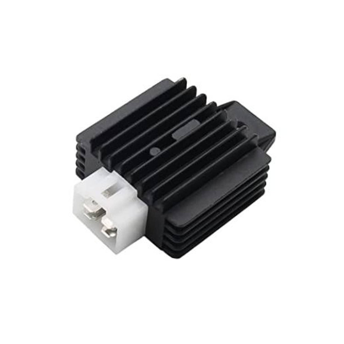 Black voltage rectifier regulator with white 4-pin connector and ribbed metal heatsink.