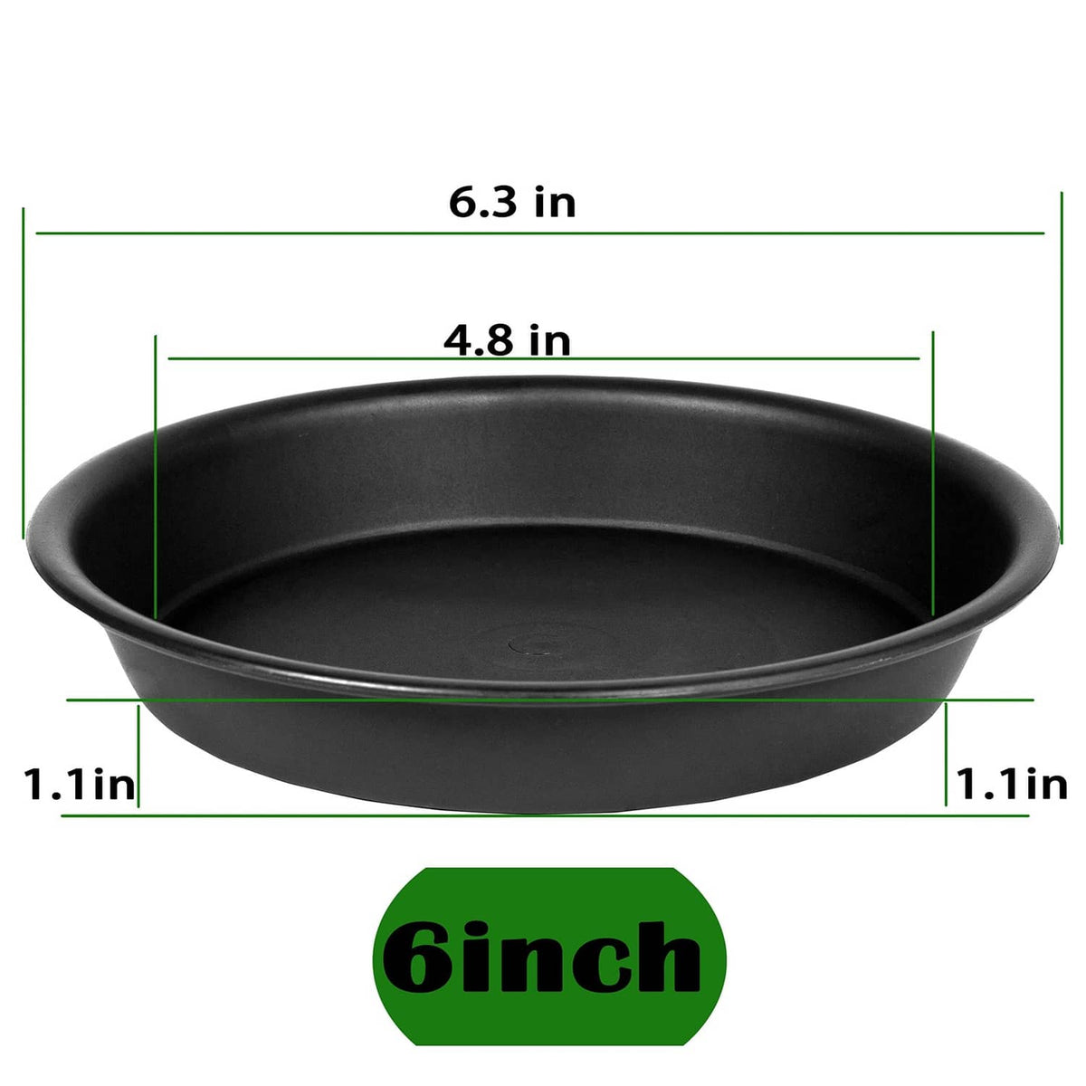 Black round plant saucer tray with 6 in diameter, shallow base for potted plants.