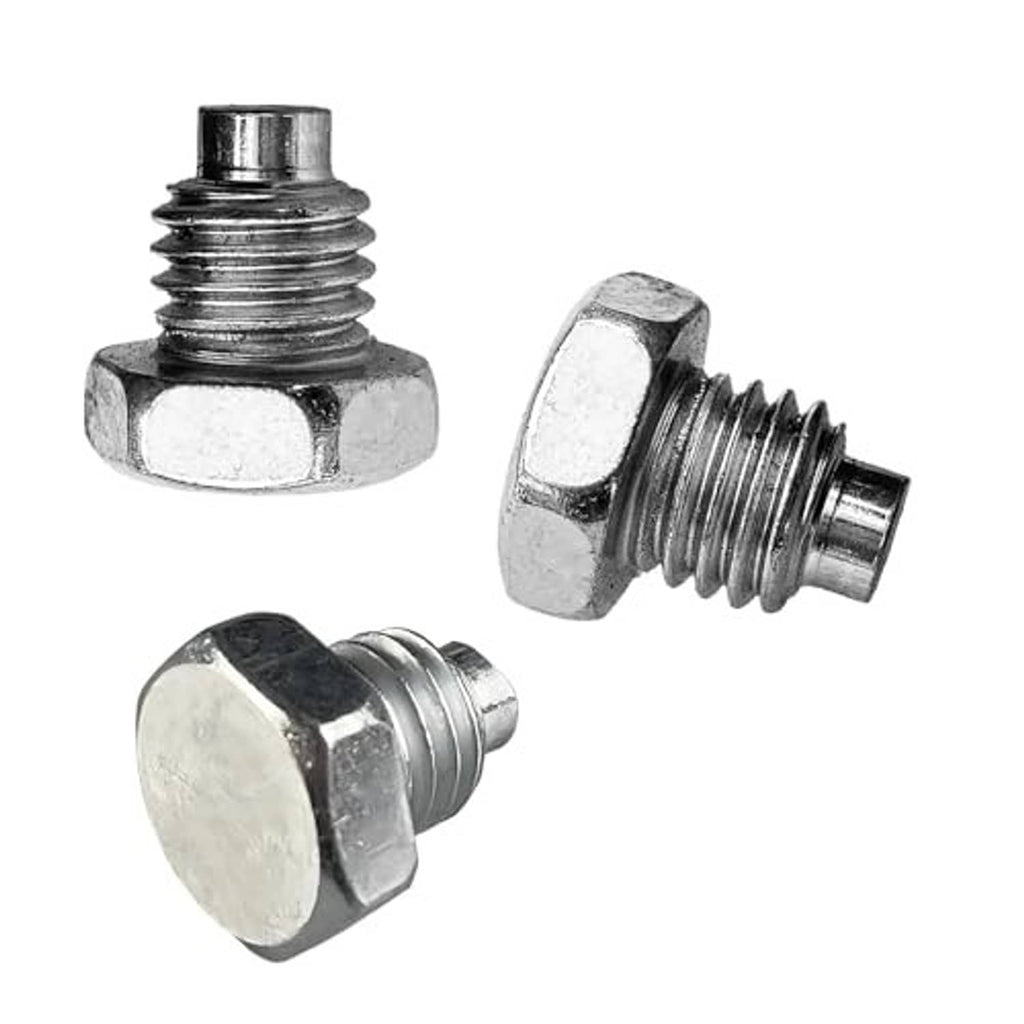 Three hydraulic jack set screws with hex heads and threads, silver metal