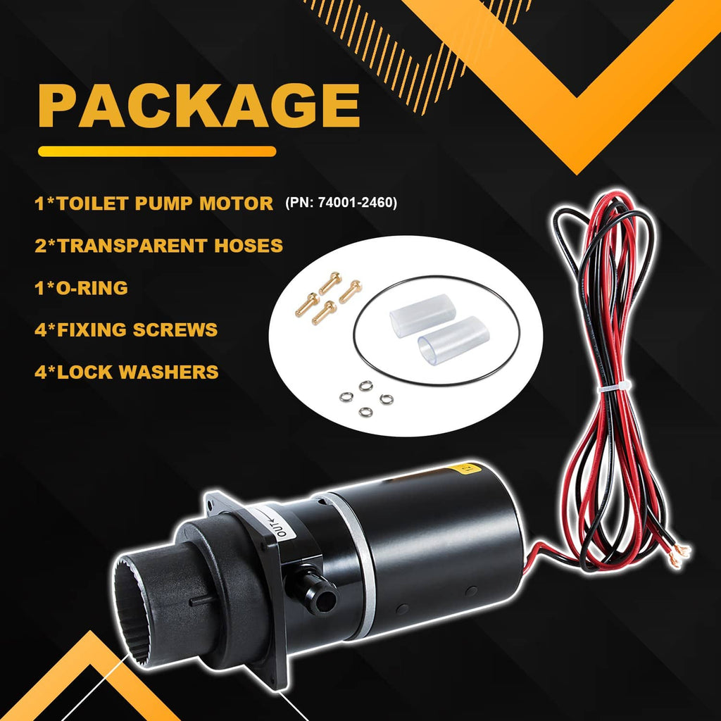 Toilet macerator pump kit with motor, transparent hoses, O-ring, and mounting screws