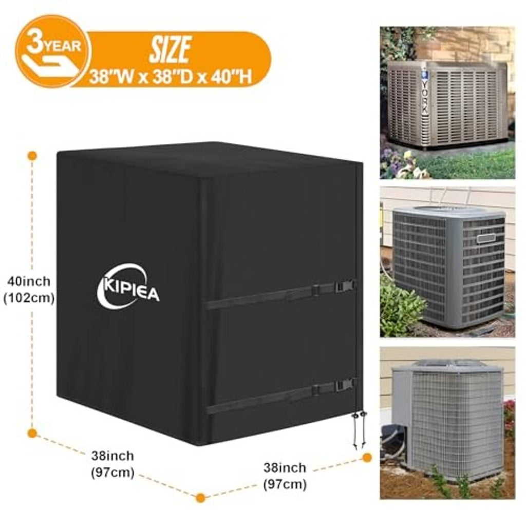 Black air conditioner cover, 38in x 38in x 40in, KIPIEA logo and buckle straps