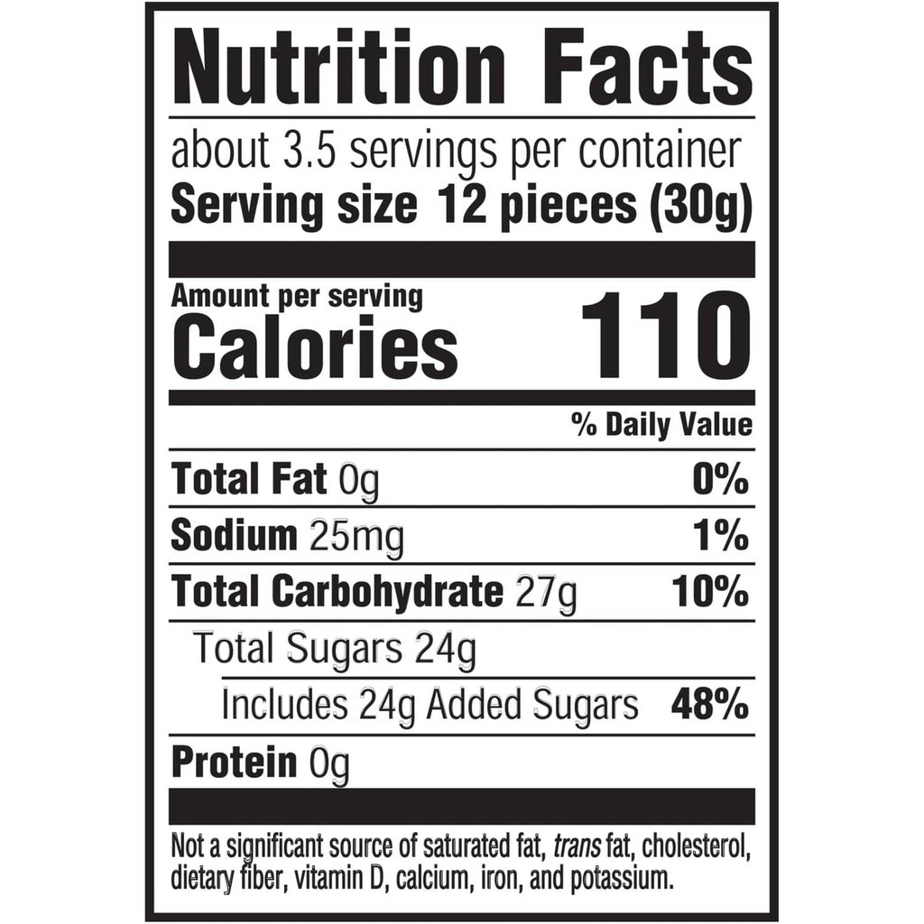 Nutrition facts panel for soft and chewy candy, serving size 12 pieces (30g), 110 calories