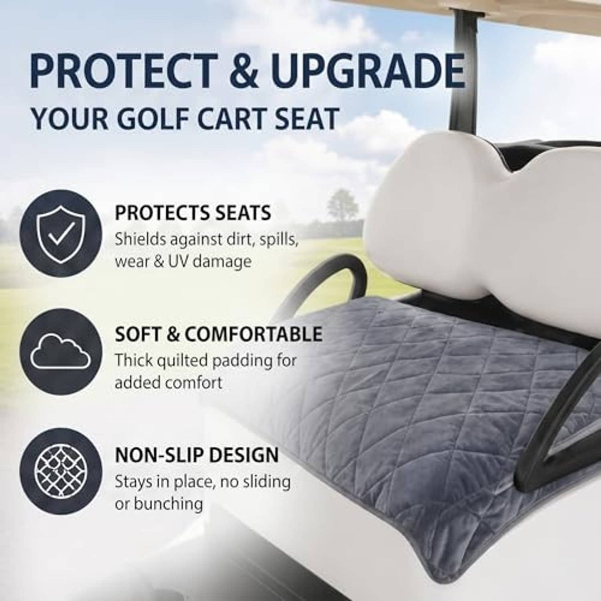 Gray quilted golf cart seat cover blanket with thick padded comfort and non-slip design