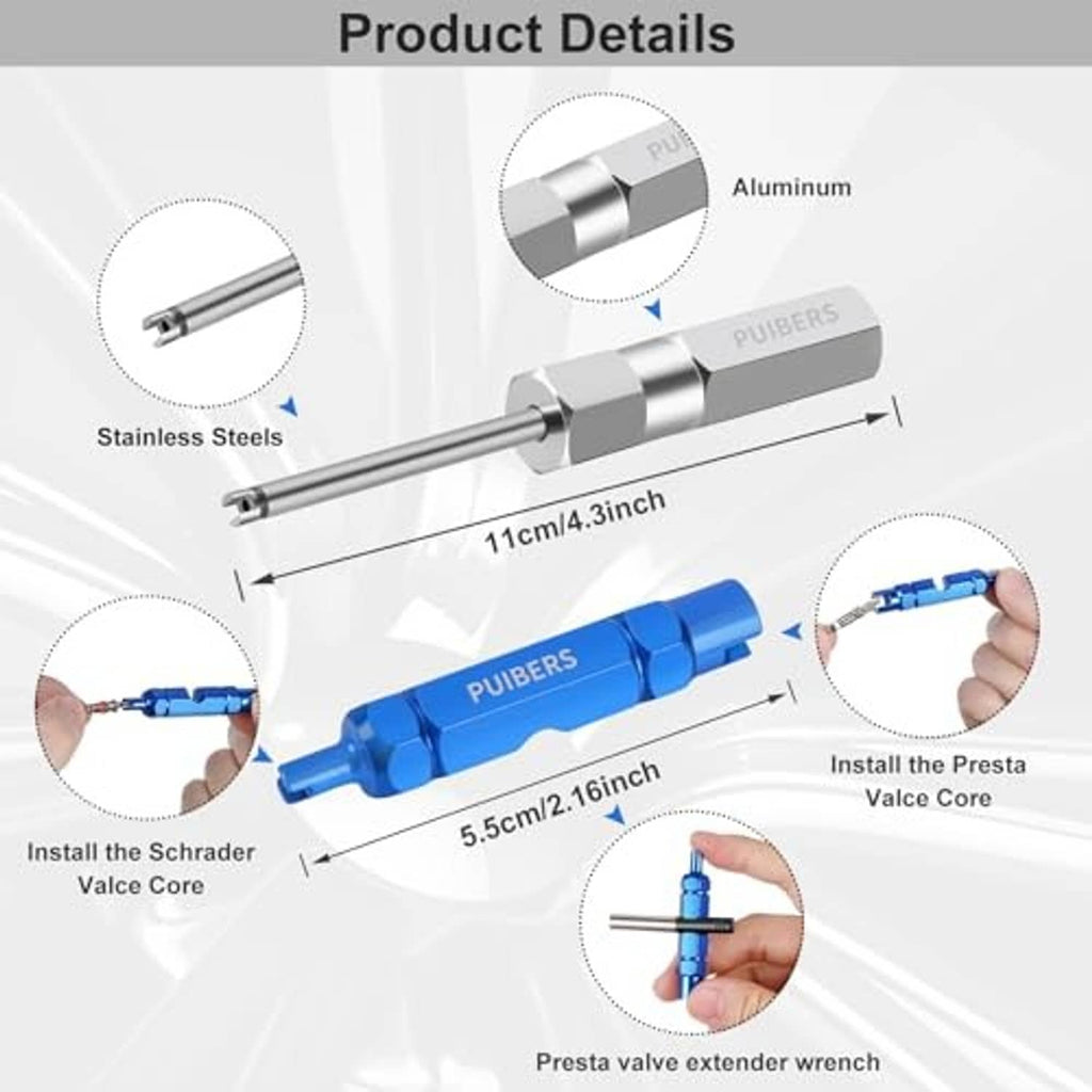 Aluminum and stainless valve core remover wrench with blue Presta valve extender