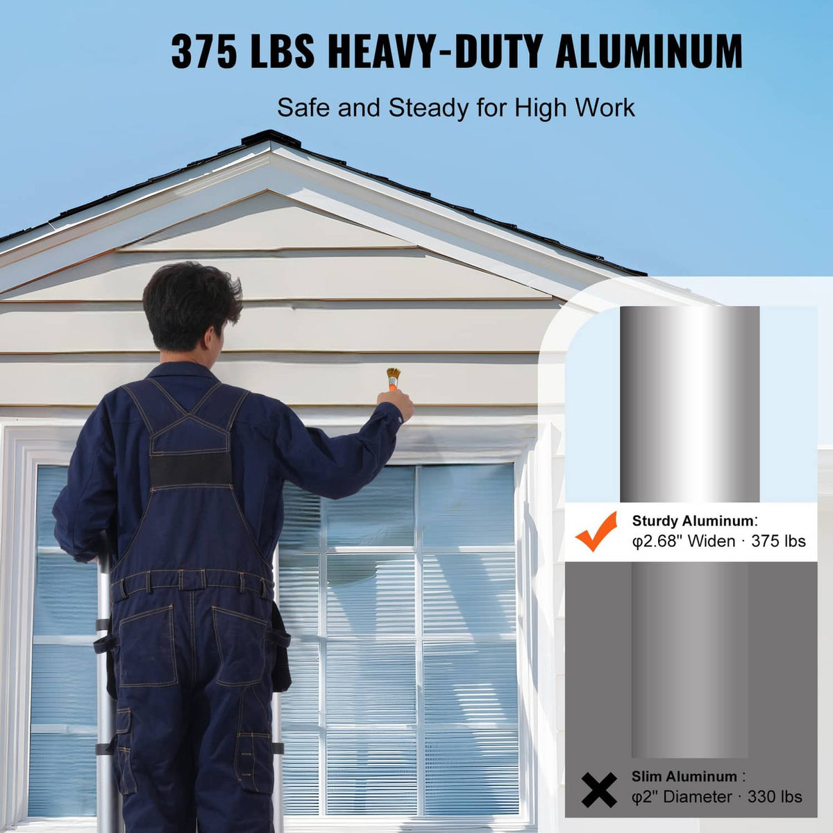 Aluminum A-frame ladder with stabilizer bar, shown in use