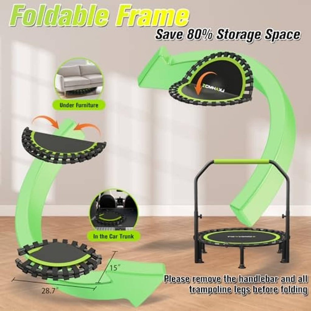 Foldable mini trampoline showing assembled and folded black-and-green frame with round mat
