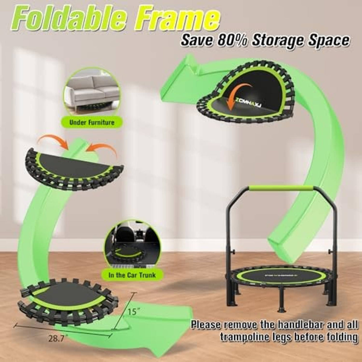Foldable mini trampoline showing assembled and folded black-and-green frame with round mat
