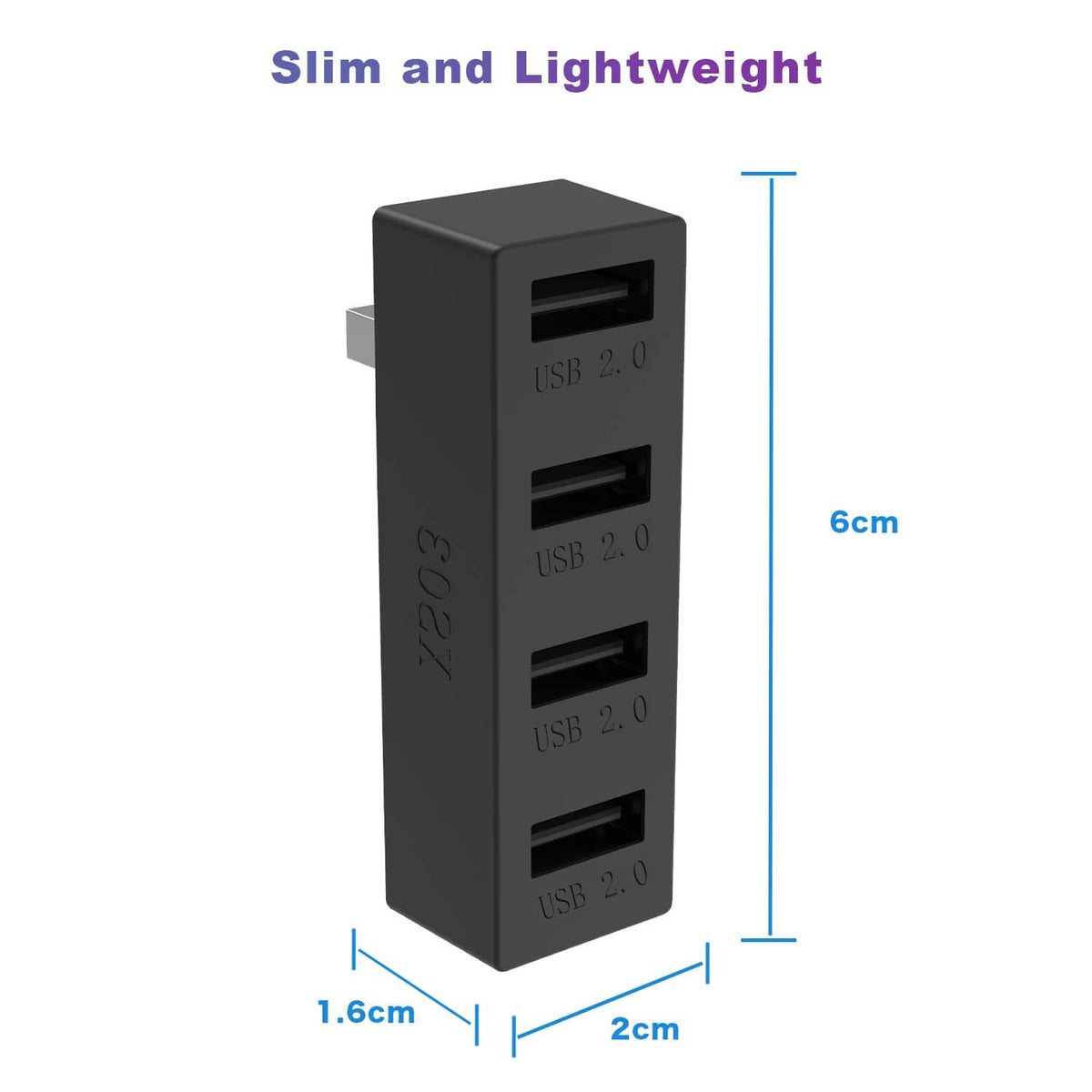 Black slim 4-port USB 2.0 hub with compact dimensions and three stacked ports