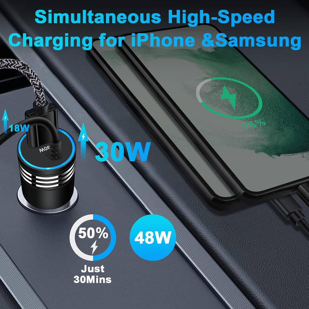 Car USB-C fast charger with blue LED ring and coiled cable beside a smartphone