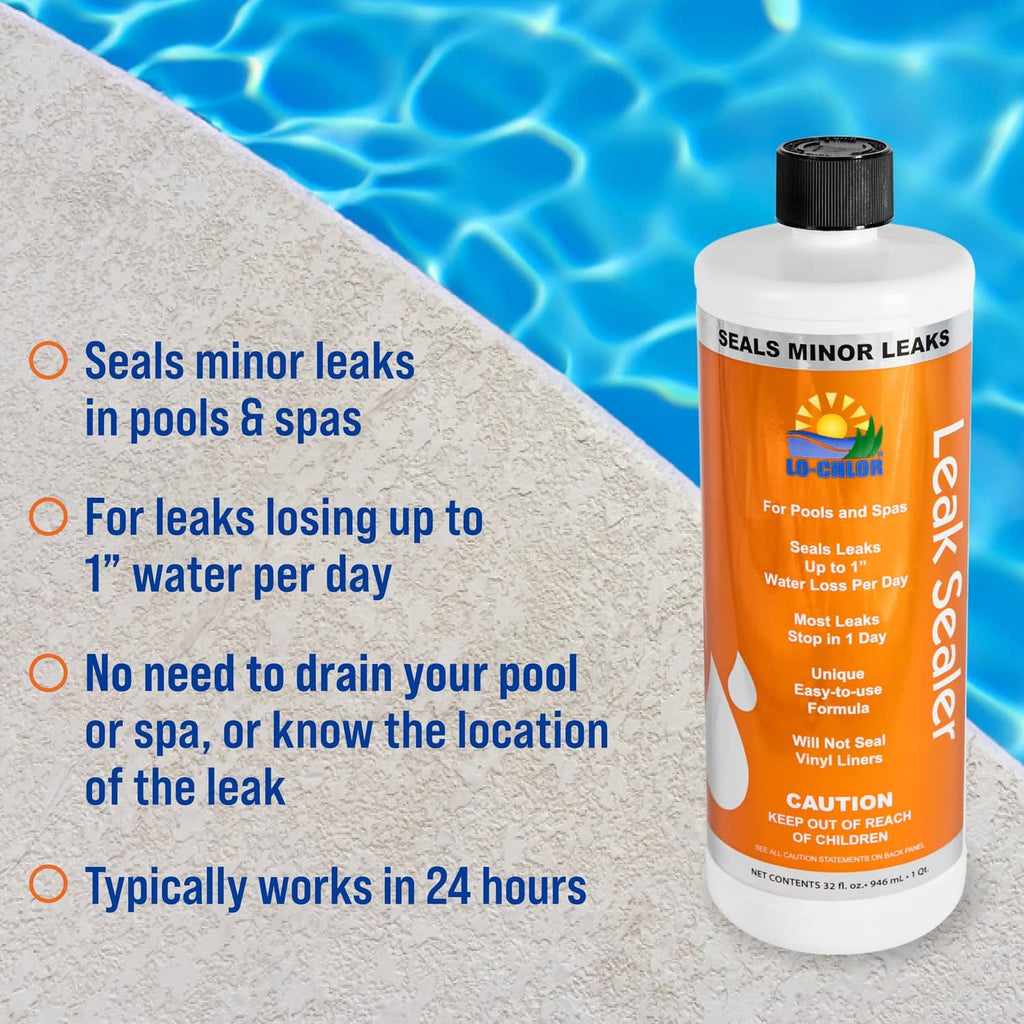 Lo-Chlor pool leak sealer bottle with orange label, black cap
