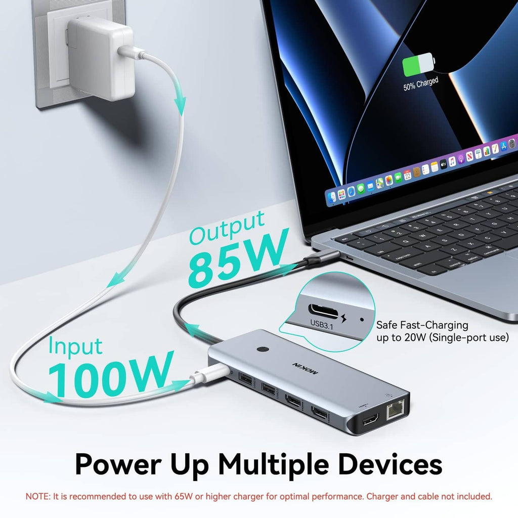 MOKiN USB-C docking station for 85W output and 100W input, powering laptop peripherals