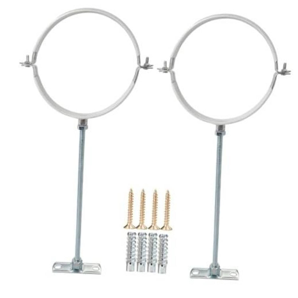 Set of 2 adjustable pipe hanger brackets with white rubber rings, galvanized rods, base plates