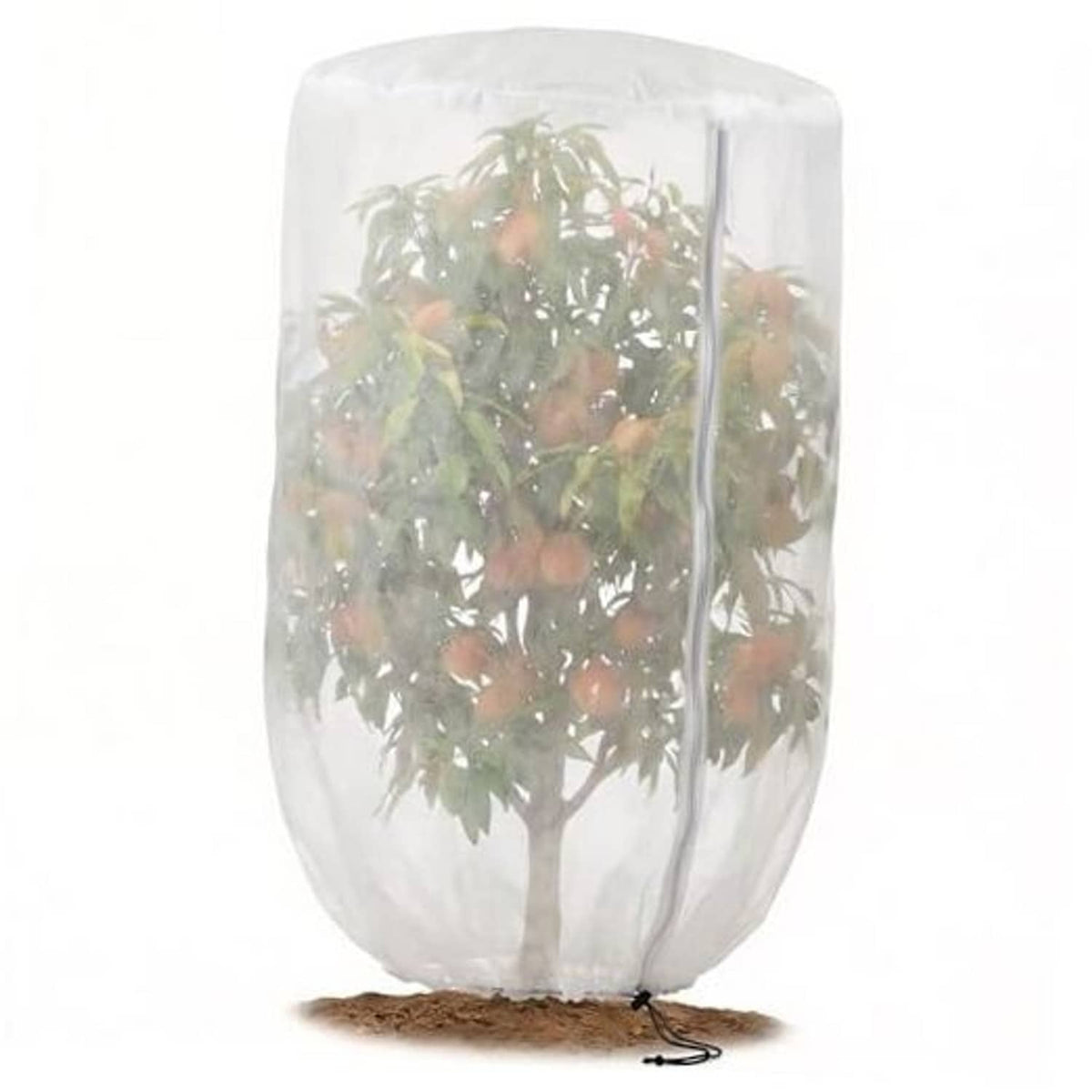 Plant shade cover bag with rounded top, zipper front, and drawstring base