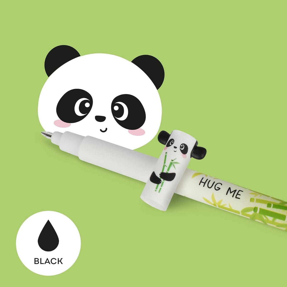 Panda-themed erasable gel pen with black ink, white barrel and green bamboo pattern