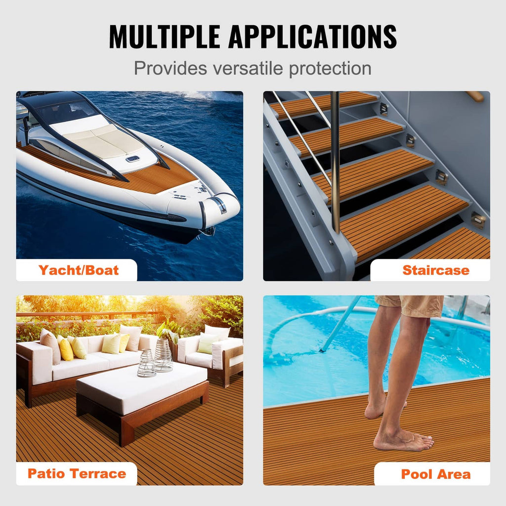 Orange-brown faux teak EVA foam deck mat shown on boat, stairs, patio, and pool area