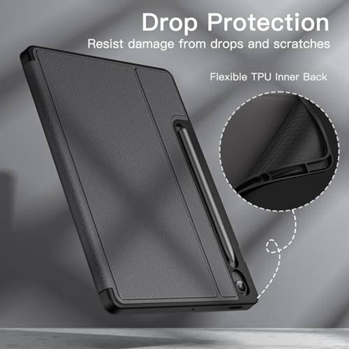 Black folio tablet case with textured back and camera cutout for drop protection