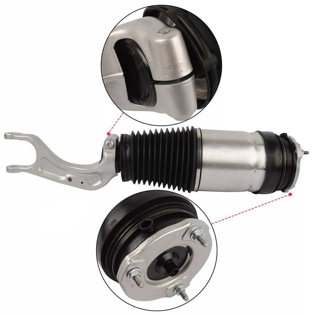 Front air suspension shock strut with silver cylinder and black bellow, top and bottom views.