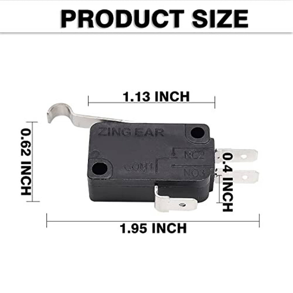 Black micro switch with two-prong terminals, shown with size dimensions