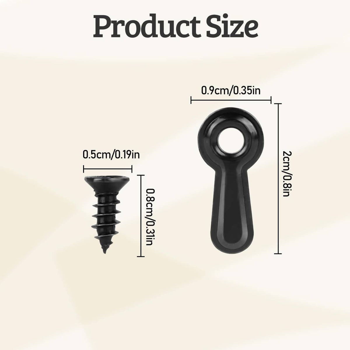 Black turn button fastener with keyhole loop and screw, size diagram